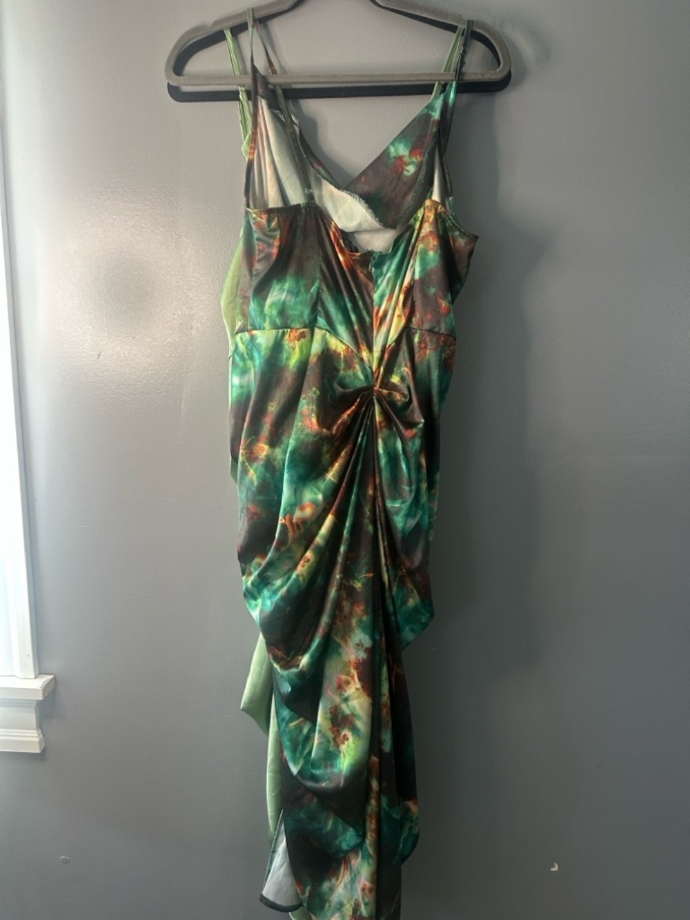 PrettyLittleThing Satin Ruched Midi Dress Size 10 Sage Green Cowl Neck Slit - Picture 3 of 3